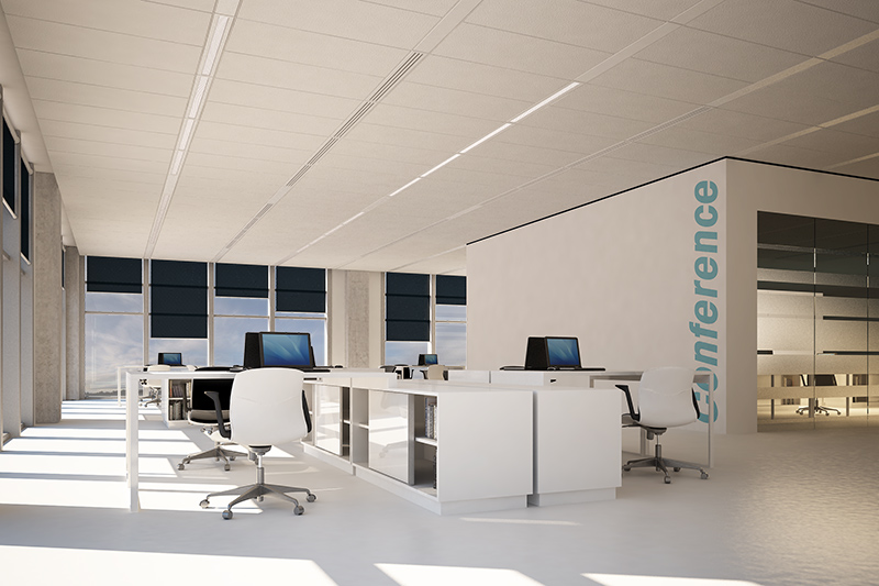 Wizualizacja wntrza biurowego i sufitu TechZone